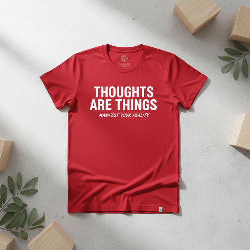 Red t-shirt with Thoughts Are Things inspirational quote